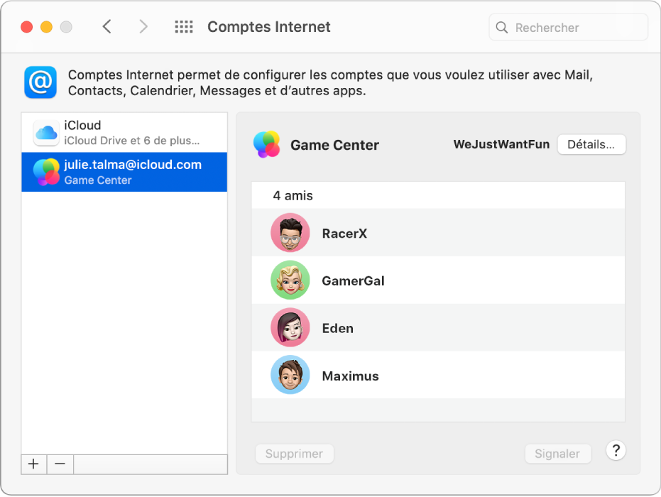 Un compte Game Center sélectionné dans « Comptes Internet », avec votre liste d’amis à droite.