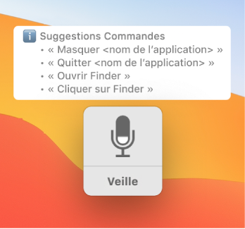 La fenêtre d’écho du contrôle vocal avec des commandes suggérées, comme « Ouvrir le Finder » ou « Cliquez sur Finder » affichées à côté.