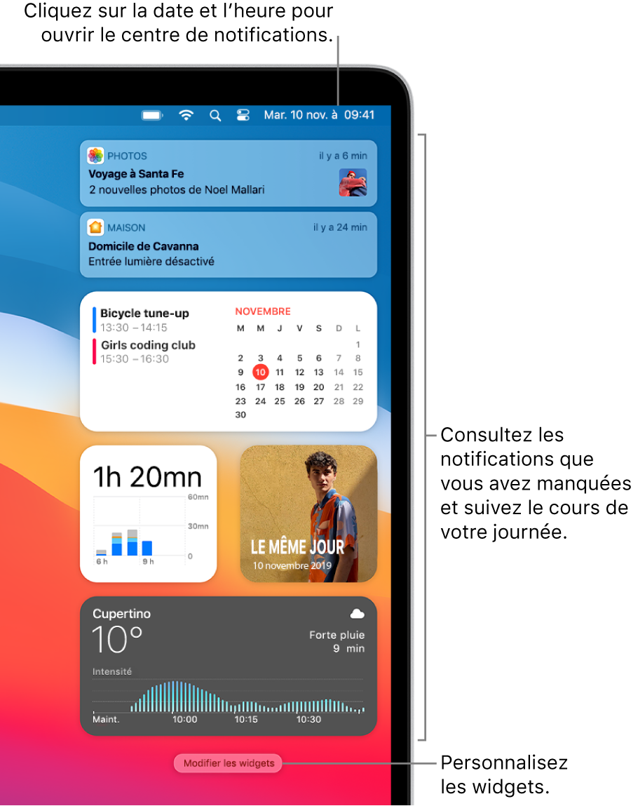 Notifications et widgets dans le Centre de notifications.