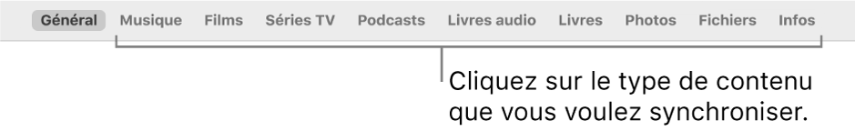 La barre des boutons affichant le bouton Général et les boutons de contenus comme la musique, les films, les séries TV et bien plus encore.