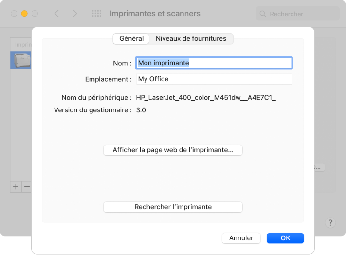 La zone de dialogue Options et fournitures affichant l’onglet Général sélectionné et des champs servant à spécifier le nom et l’emplacement de l’imprimante.