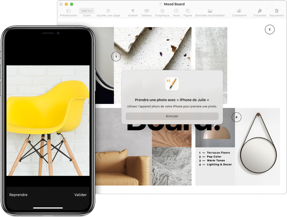 Une photo sur un iPhone et la même photo insérée dans un document sur un Mac.