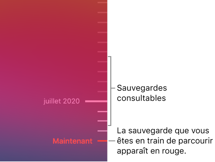 Graduations de la chronologie de sauvegarde. La graduation rouge indique la sauvegarde que vous consultez.