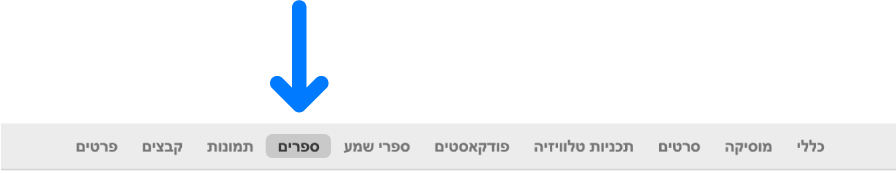 שורת הכפתורים, ובה ״ספרים״ נבחרו.