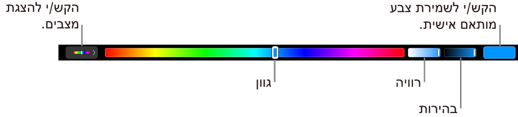 ה-Touch Bar מציג מחווני גוון, רוויה ובהירות עבור מצב HSB. בקצה השמאלי מופיע הכפתור להצגת כל המצבים; מימין, הכפתור לשמירת צבע מותאם אישית.