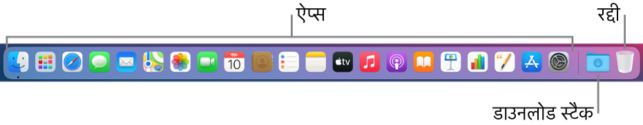 Dock, ऐप्स, डाउनलोड्स स्टैक और रद्दी के आइकॉन दिखाता है।