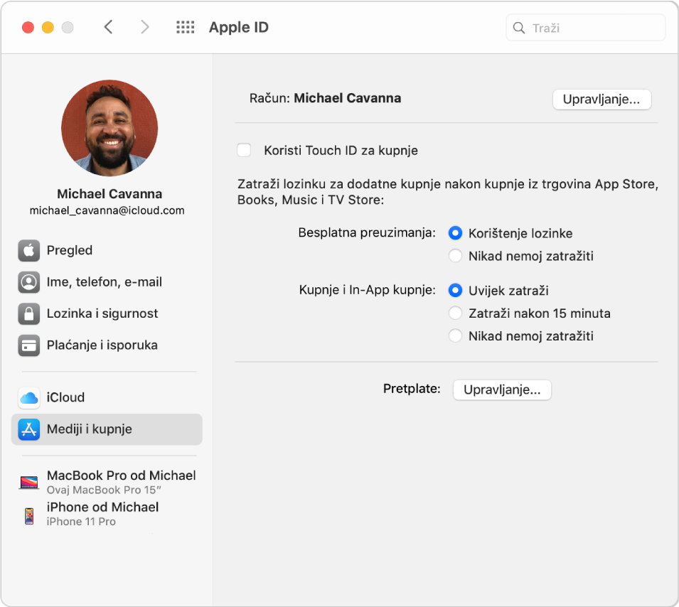 Postavke Apple ID računa s prikazom rubnog stupca različitih vrsta opcija računa koje možete koristiti i postavke Mediji i kupnje za postojeći račun.