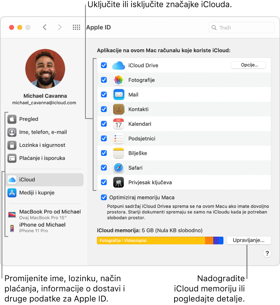 iCloud postavke sa označenim svim značajkama.