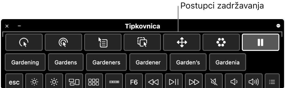 Tipke za postupke zadržavanja smještene su na vrhu tipkovnice pristupačnosti.
