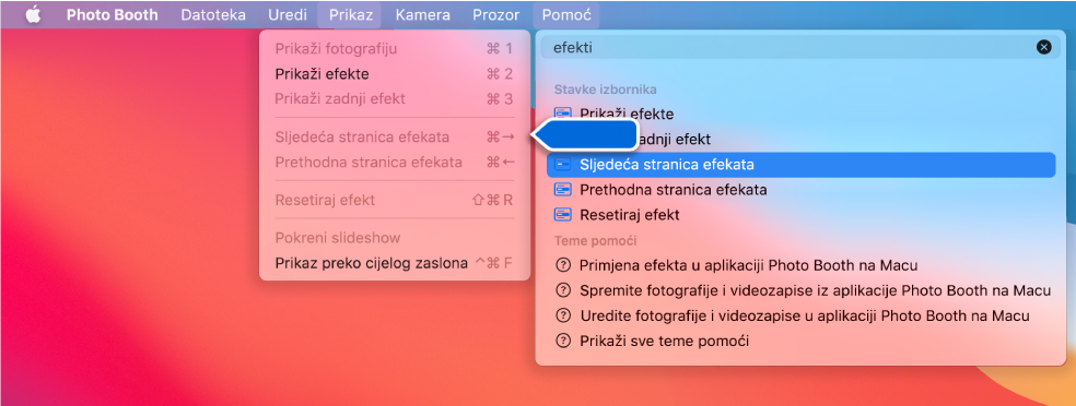 Izbornik Pomoć za Photo Booth s rezultatom pretraživanja za odabranu stavku izbornika i strelica koja pokazuje prema stavci u izbornicima aplikacija.