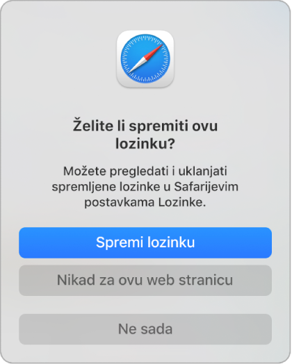 Dijaloški okvir preglednika Safari koji vas pita želite li spremiti lozinku za web stranicu.