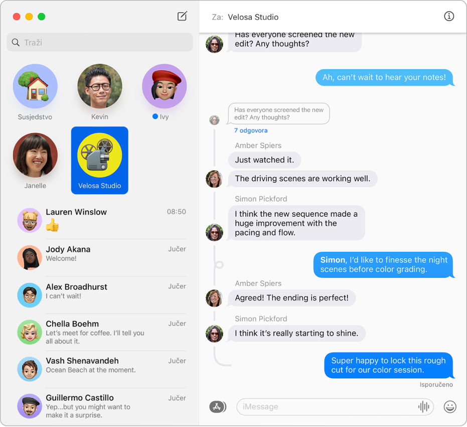 Prozor aplikacije Poruke s razgovorom i nekoliko nizova odgovora unutar poruke.