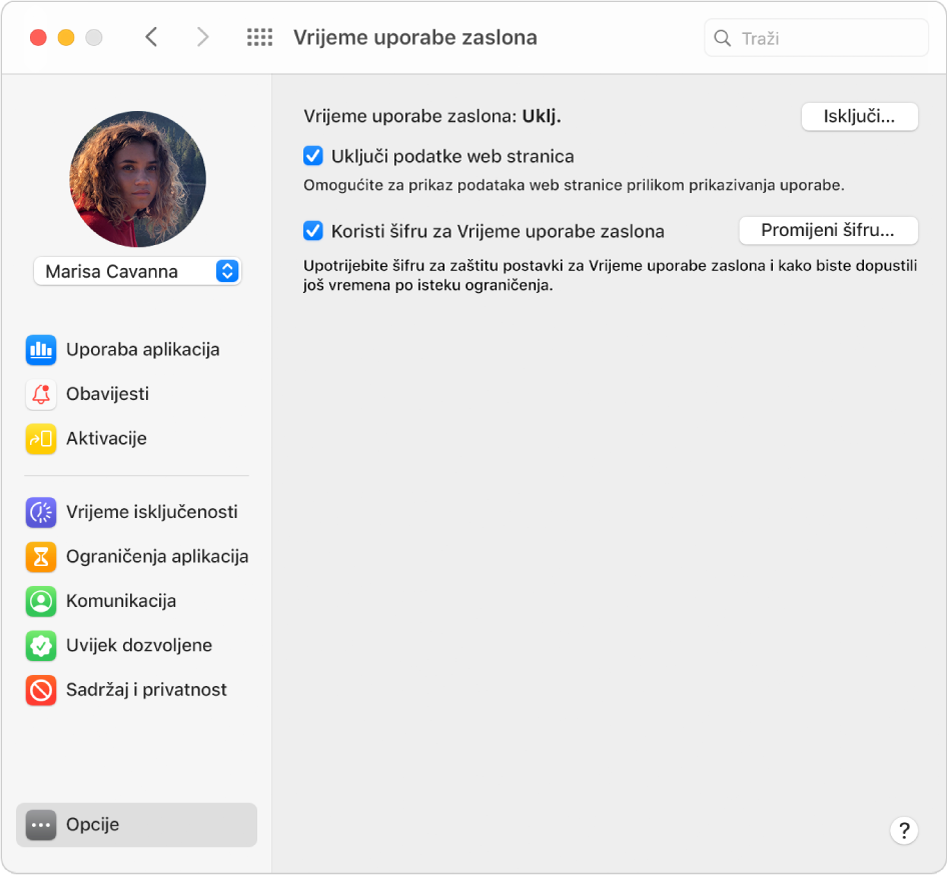 Okno s opcijama Vremena uporabe zaslona kada je uključeno Vrijeme uporabe zaslona. Odabrane su opcije Uključi podatke web stranica i Koristi šifru za Vrijeme uporabe zaslona.