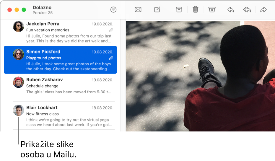 Prozor aplikacije Mail s prikazom popisa poruka sa slikama pošiljatelja pokraj njihovih imena.