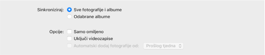Pojavljuje se kvadratić “Sinkronizirajte fotografije na svoj uređaj s ” s odabranim “Fotografijama” na skočnom izborniku.