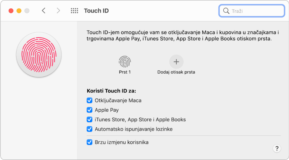 Prozor postavki za Touch ID s prikazom spremnog otiska prsta koji se može koristiti za otključavanje Maca.