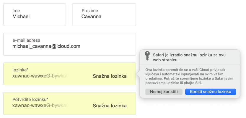 Dijaloški okvir prikazuje da je Safari izradio snažnu lozinku internetske stranice koja će se spremiti u korisnikov iCloud privjesak ključeva te će biti dostupna za Auto ispunu na korisnikovim uređajima.