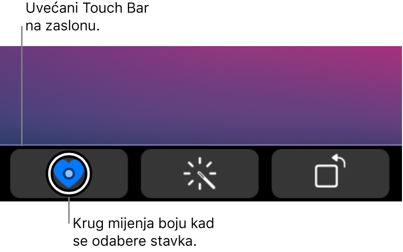 Zumirani Touch Bar duž dna zaslona; krug preko tipke mijenja se kada je tipka odabrana.