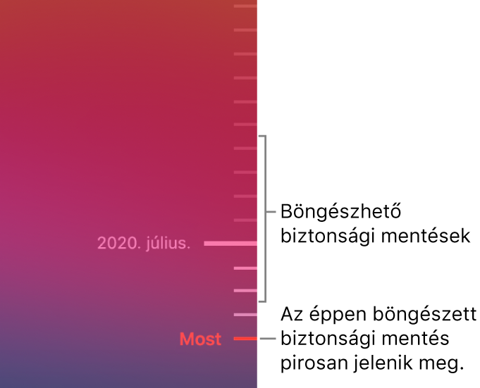 A biztonsági mentés idővonala mentén pipajelek láthatók. Az aktuálisan böngészett biztonsági másolatot egy piros pipa jelöli.