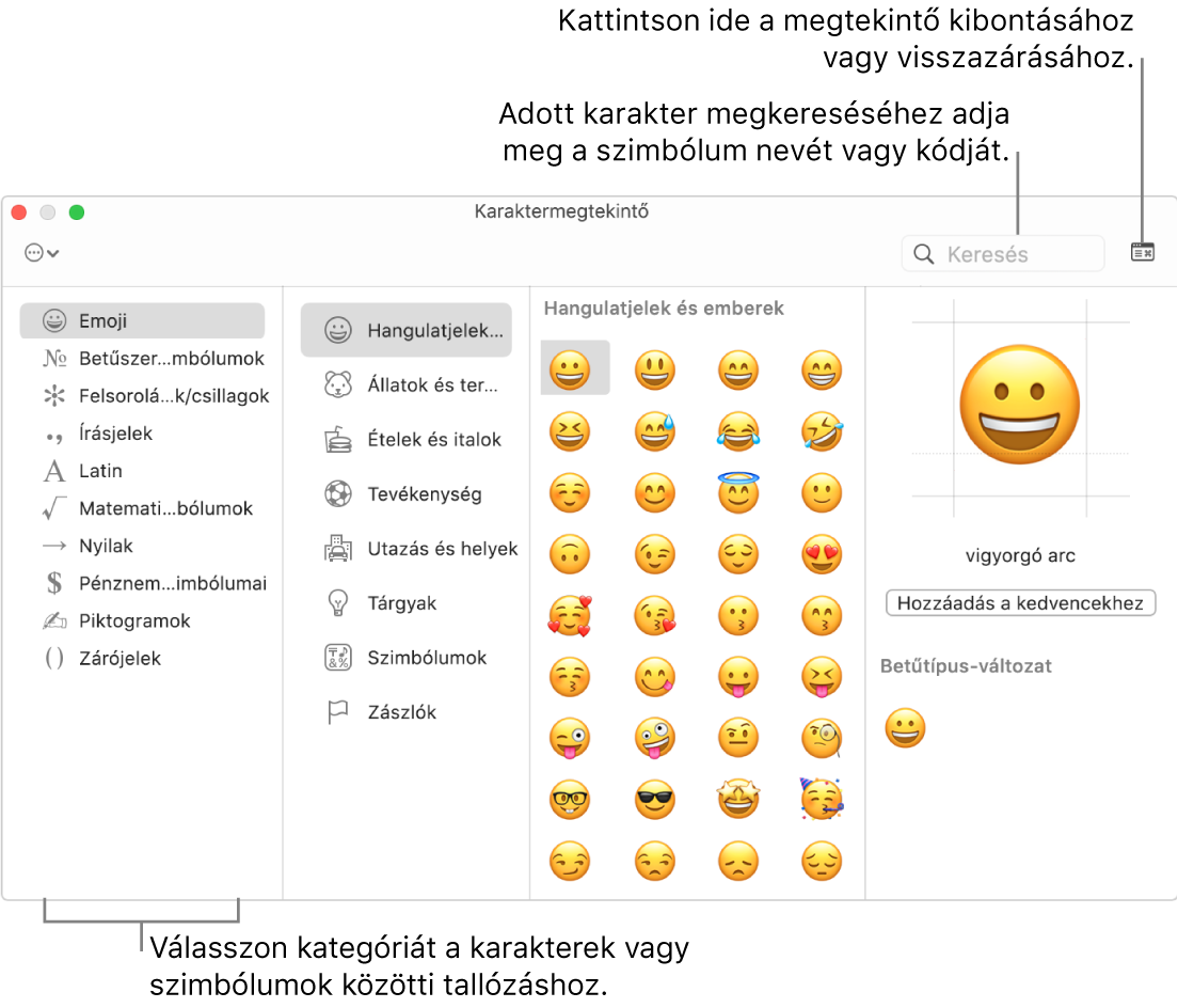 A Karaktermegtekintő ablaka. A karakterek és szimbólumok közötti tallózáshoz válasszon kategóriát a bal oldalon. A keresőmezőben adjon meg szimbólumnevet vagy -kódot az adott karakter megtalálásához. A jobb felső sarokba kattintva kibonthatja vagy visszazárhatja a megtekintőt.