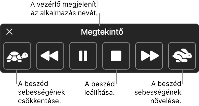 A képernyőn megjelenített vezérlő, amely megjeleníthető, amikor a Mac gép felolvassa a kijelölt szöveget. A vezérlőn hat gomb látható, amelyekkel a következőket végezheti el balról jobbra haladva: beszédsebesség csökkentése, ugrás vissza egy mondattal, felolvasás indítása vagy szüneteltetése, felolvasás leállítása, ugrás előre egy mondattal és a beszédsebesség növelése. Az alkalmazás neve a vezérlő tetején látható.