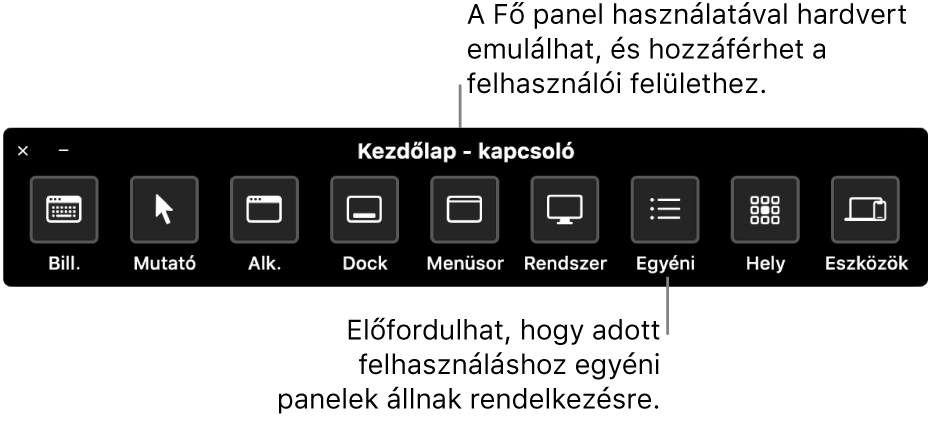 A Kapcsolóvezérlés Főoldal paneljén található gombok az alábbi elemek irányítását teszi lehetővé, balról jobbra: billentyűzet, mutató, alkalmazás, Dock, menüsor, rendszervezérlők, egyéni panelek, képernyő elhelyezkedés és egyéb eszközök.