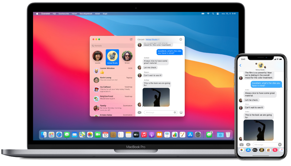 Egy iPhone egy szöveges üzenettel; mellette egy Mac gép, ahol az üzenet éppen át van adva, és a Handoff ikon a Dock jobb szélén látható.