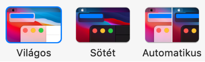 Balról jobbra a Világos, Sötét és Automatikus megjelenítés mintái láthatók az Általános beállításokban.