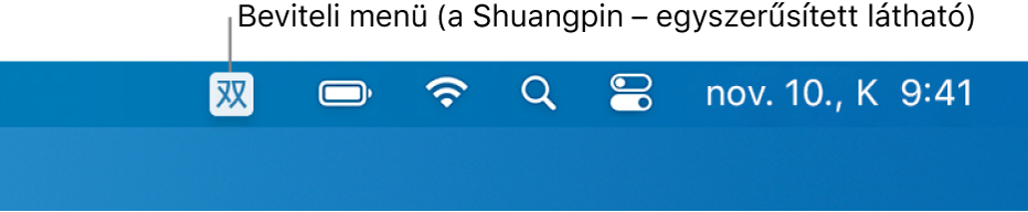 A menüsor jobb oldala. Megjelenik a Beviteli menü ikonja, Shuangpin - Egyszerűsített kiosztást megjelenítve.