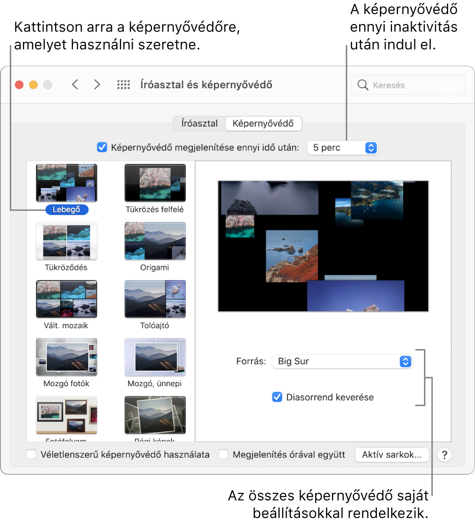 A Rendszerbeállítások ablak Képernyővédő panelje.