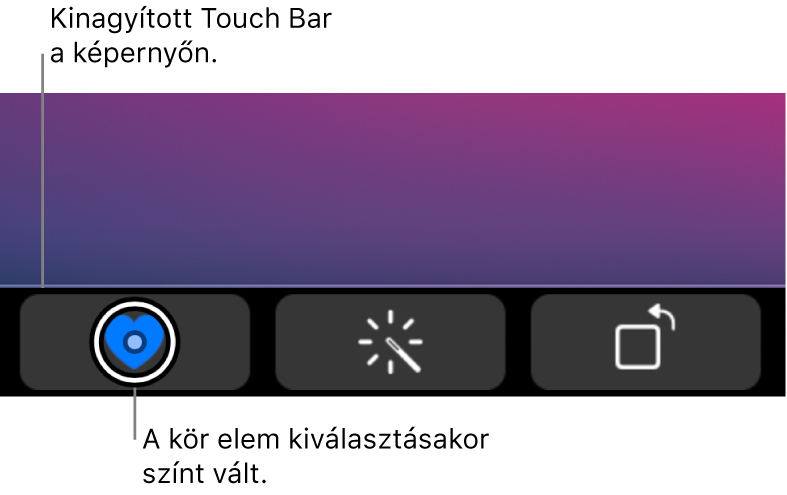 A nagyított Touch Bar a képernyő alján; a kör a gombon változik, amikor a gombot kijelölik.