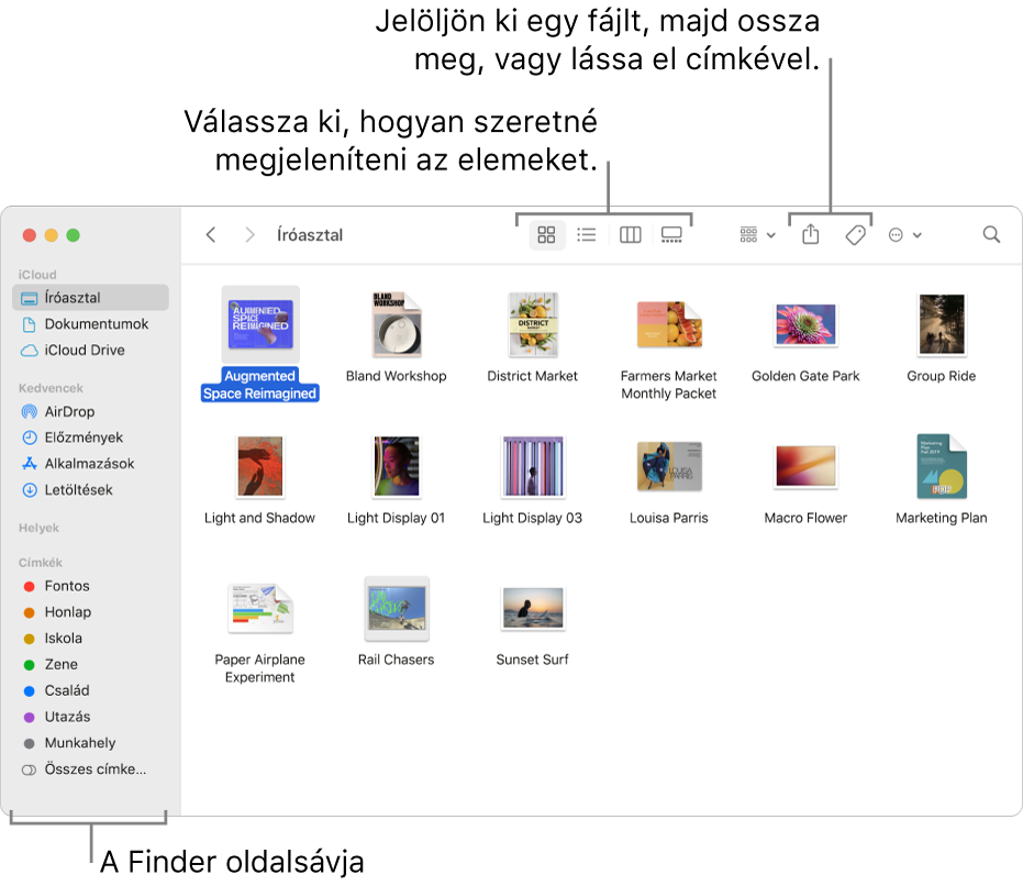 Egy Finder-ablak a bal oldalon található Finder oldalsávval. Az ablak felső részén négy gomb található, amelyek segítségével módosítható az elemek ablakban történő megtekintésének módja, míg mellettük további, az elemek rendezésére és megosztására szolgáló gombok láthatók.