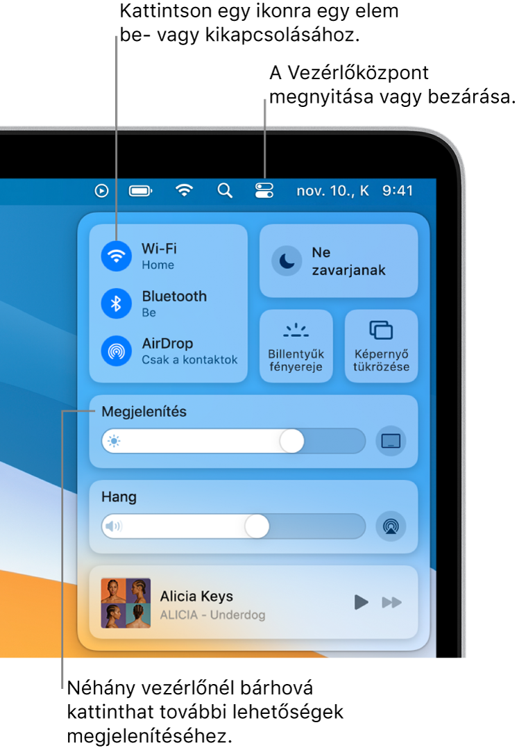 A Vezérlőközpont a képernyő jobb felső részén, többek között a Wi-Fi, A Ne zavarjanak, a Hang és a Lejátszás alatt vezérlőkkel.