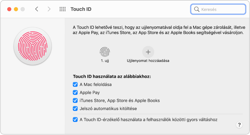 A Touch ID beállítások panelje mutatja, hogy az ujjlenyomat elkészült, és használható a Mac gép feloldásához.