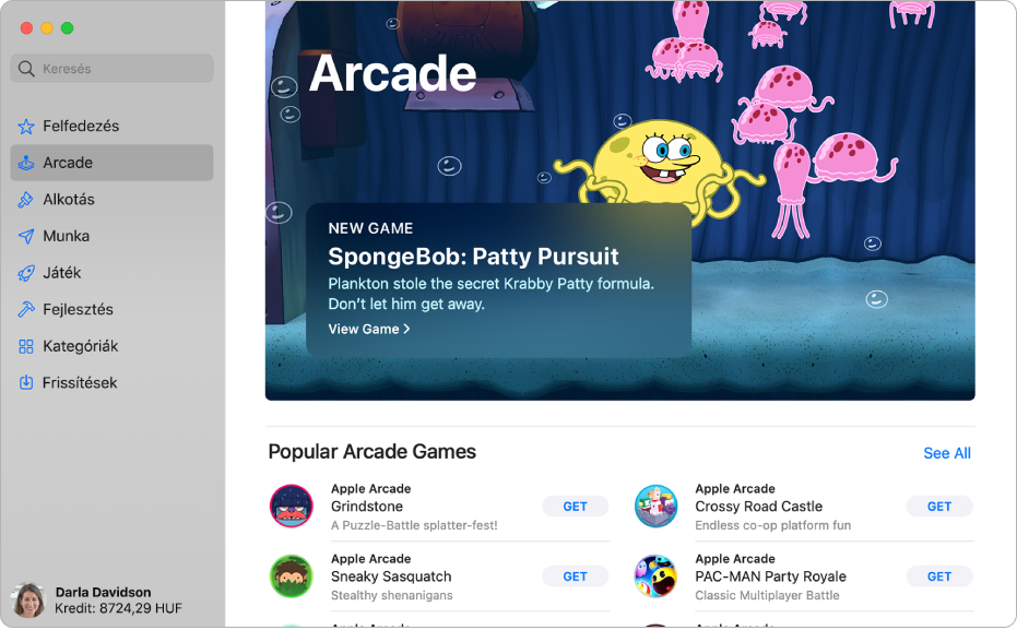 Az Apple Arcade kezdőlapja. A jobb oldali panelen egy népszerű játék látható, alatta a további elérhető játékok jelennek meg.