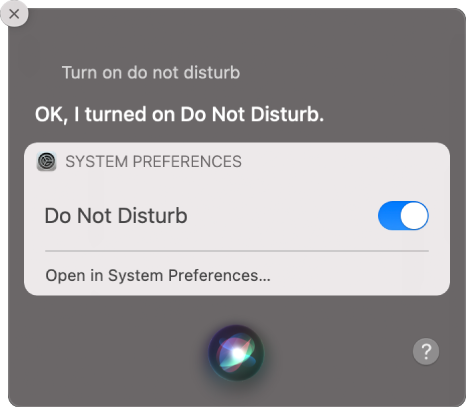 Jendela Siri menampilkan permintaan untuk menyelesaikan tugas, “Turn on do not disturb.”