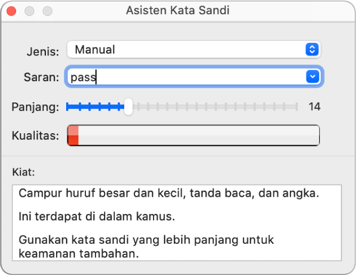 Jendela Asisten Kata Sandi menampilkan pilihan untuk membuat kata sandi.