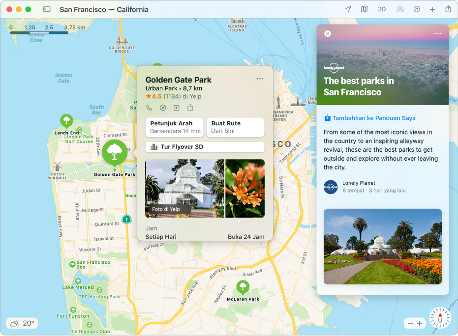 Peta San Francisco Bay Area menampilkan Panduan ke atraksi populer.