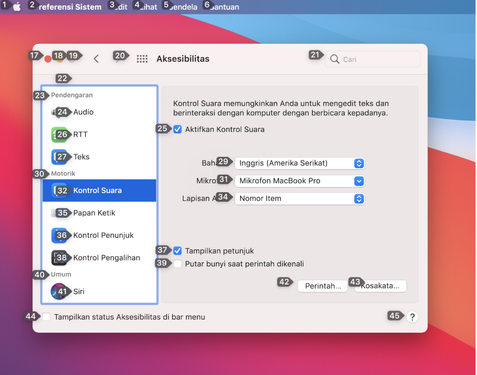 Bagian kiri bar menu menampilkan angka di samping setiap item di bar menu. Di bawahnya terdapat panel Kontrol Suara pada preferensi Aksesibilitas yang menampilkan angka di samping setiap kontrol UI.