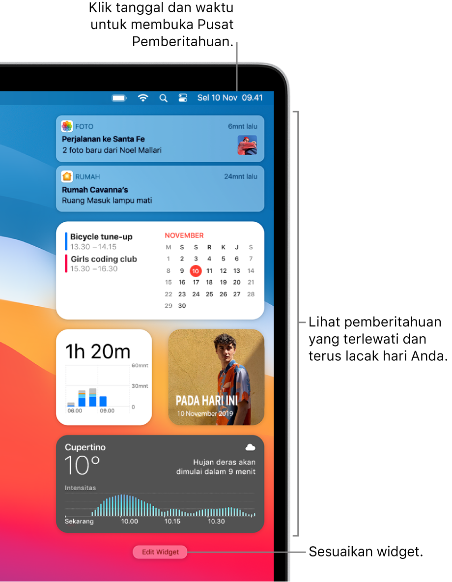 Pemberitahuan dan widget di Pusat Pemberitahuan.