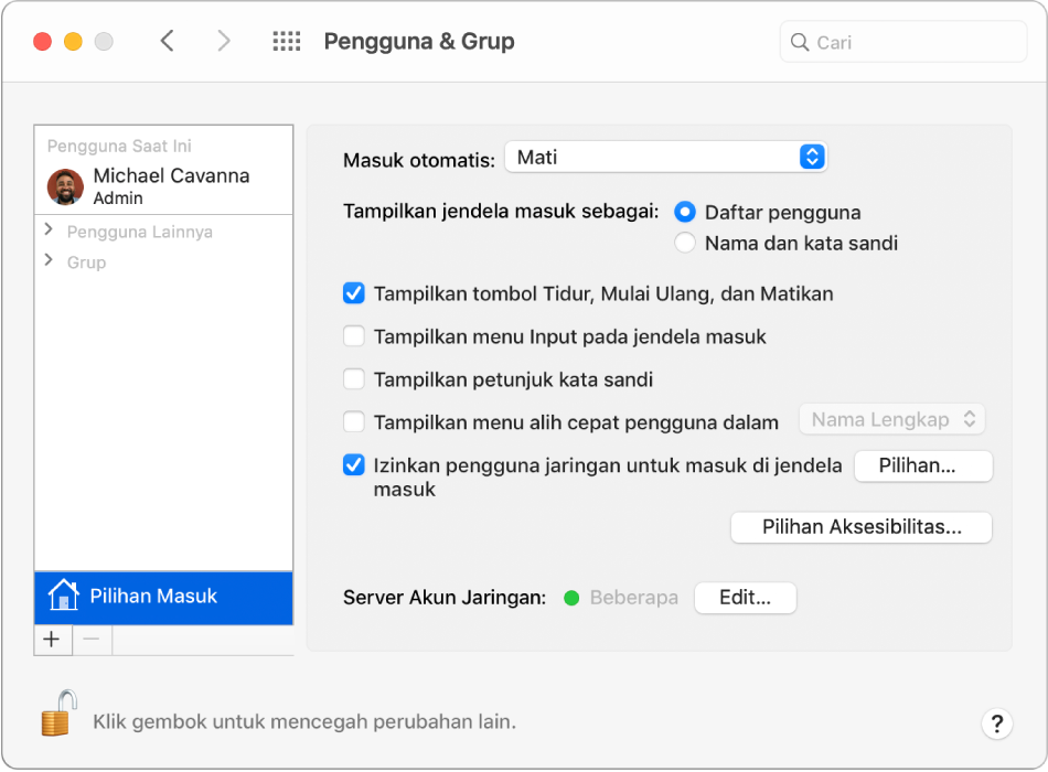 Panel Pilihan Masuk di preferensi Pengguna & Grup, tempat Anda dapat memilih opsi untuk menyesuaikan cara pengguna masuk.