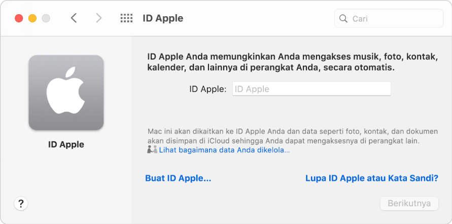 Dialog masuk ID Apple siap untuk entri dari nama dan kata sandi ID Apple.