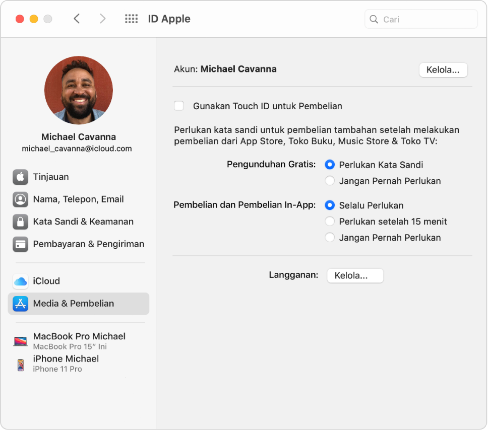 Preferensi ID Apple menampilkan bar samping dari pilihan jenis akun yang berbeda yang dapat Anda gunakan dan preferensi Media & Pembelian untuk akun yang ada.