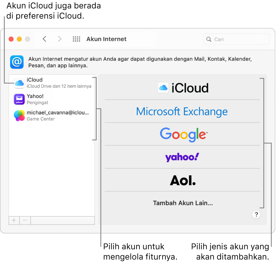 Preferensi Akun Internet dengan akun tercantum di kanan dan jenis akun yang tersedia tercantum di kiri.