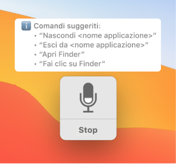 La finestra di feedback di “Controllo vocale” con i comandi suggeriti, come “Apri il Finder” o “Fai clic sul Finder”, mostrati accanto.