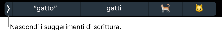 Tra i suggerimenti di scrittura sono mostrate parole ed emoji; il pulsante sulla sinistra serve a nasconderli.