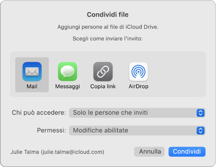 Finestra “Condividi file” che mostra le app che puoi usare per inviare inviti e le opzioni per condividere documenti.