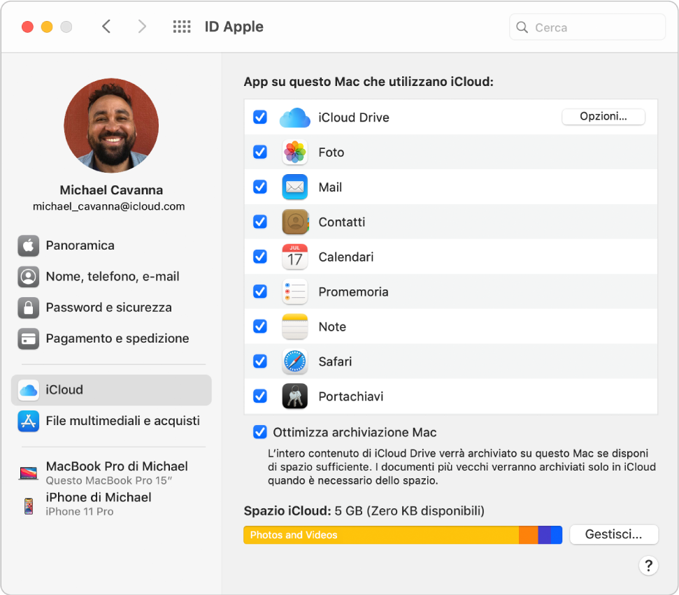 Preferenze ID Apple che mostrano una barra laterale con i diversi tipi di opzioni dell'account che puoi usare e le preferenze iCloud per un account esistente.