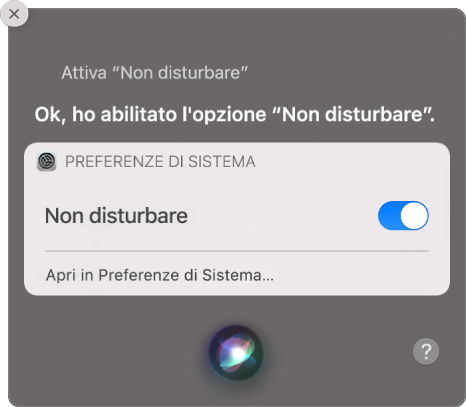 La finestra di Siri window con la richiesta di completare un’attività, “Attiva Non disturbare”.