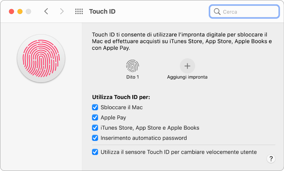 Il pannello delle preferenze di Touch ID che mostra che l'impronta digitale è pronta e può essere utilizzata per sbloccare il Mac.